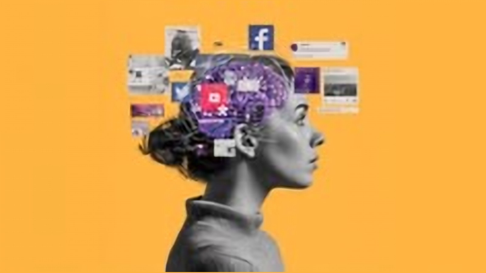 A woman in profile with social media apps and posts crowding her brain
