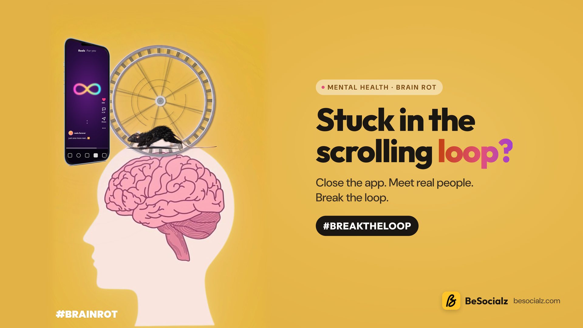 A brain with a rat running on a hamster wheel next to a phone playing endless reels: stuck in the scrolling loop