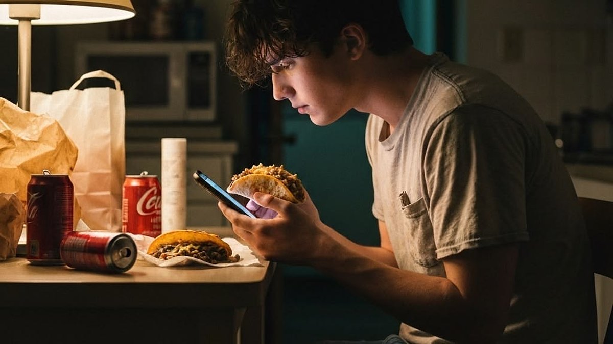 A young man eating dinner alone at night while scrolling his phone
