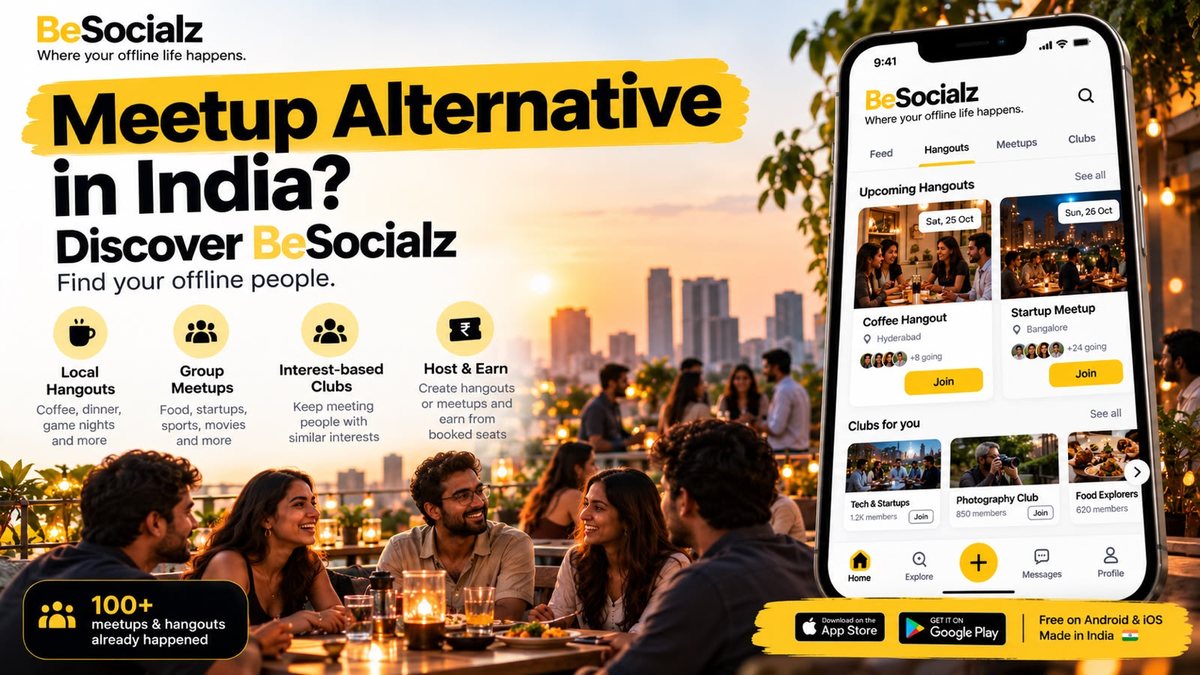 BeSocialz banner: Meetup alternative in India, with group hangouts, group meetups, clubs and host and earn