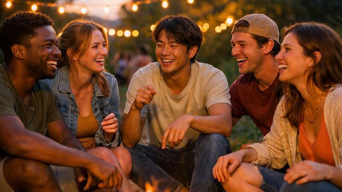 A group of friends laughing together around a campfire under string lights