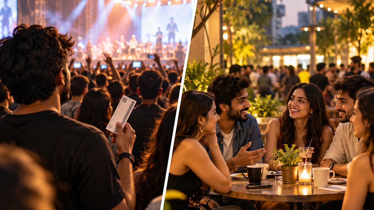 Split image: a person alone at a concert with a ticket, and friends talking at a café table