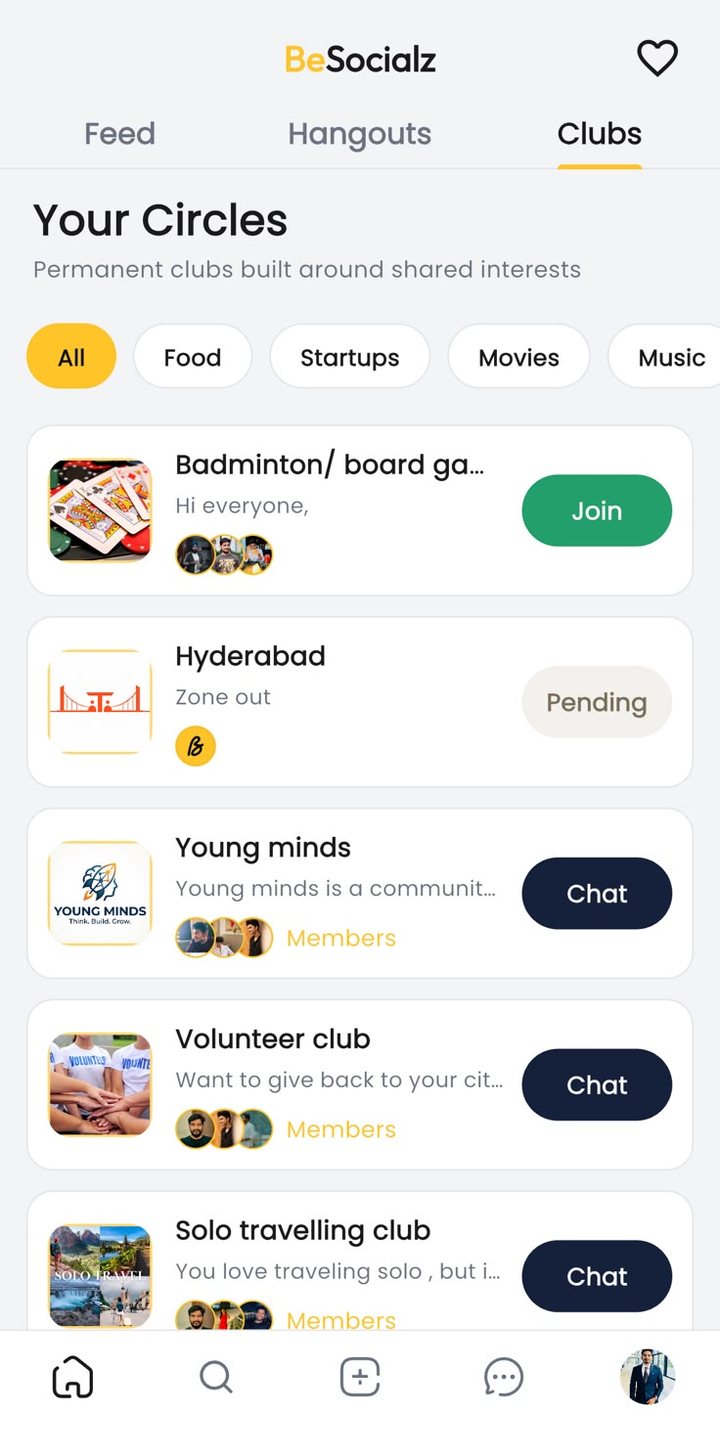 BeSocialz Clubs screen titled Your Circles showing permanent clubs with Join and Chat buttons