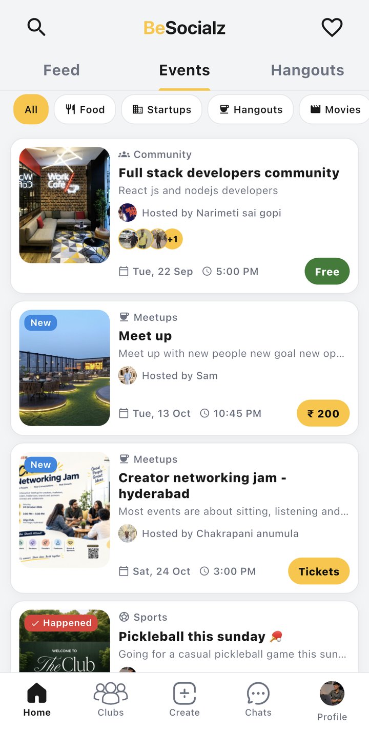 BeSocialz meetups screen with food, startup and sports meetups