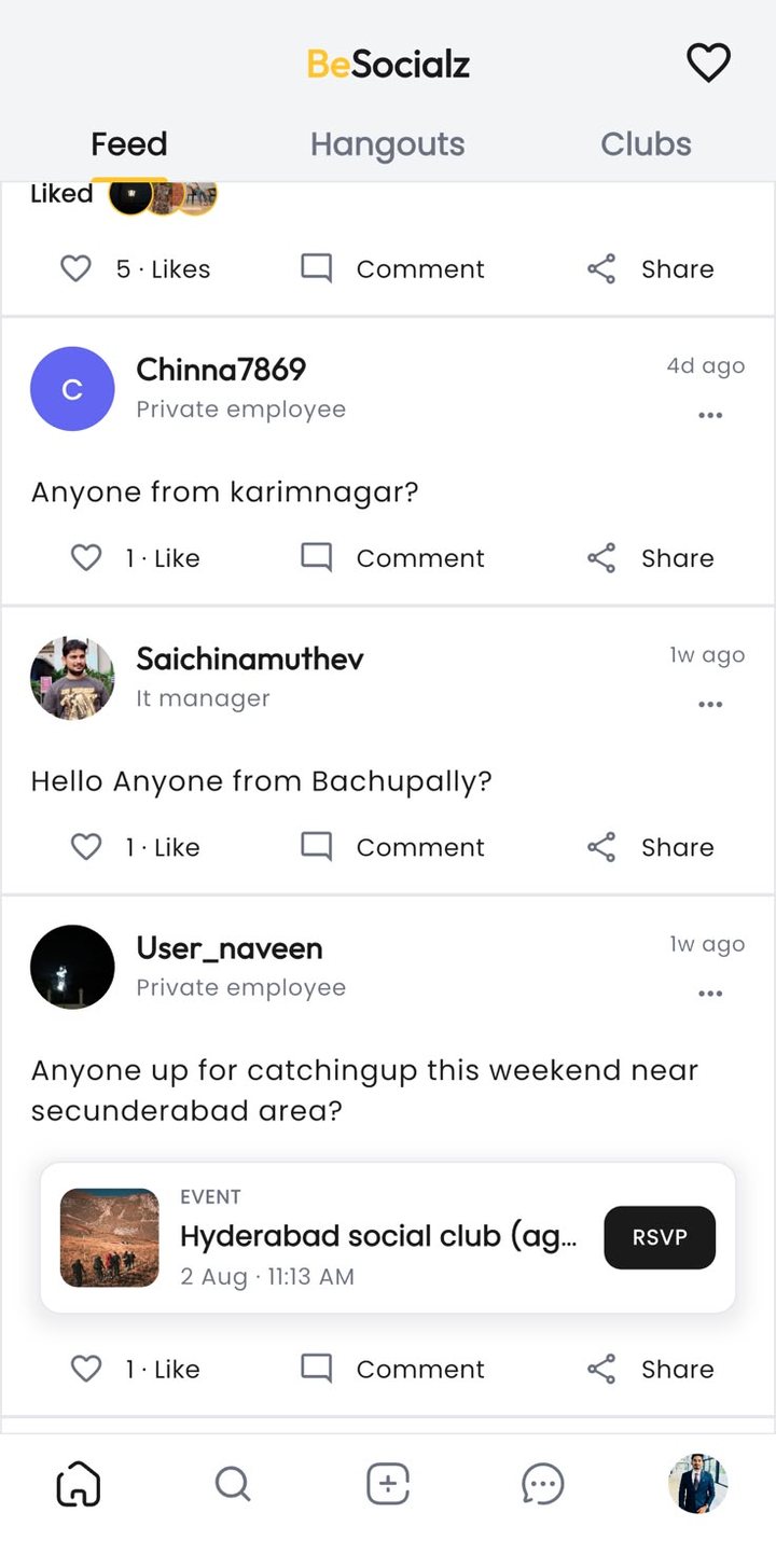 BeSocialz Feed screen with people sharing weekend plans and an event card with RSVP