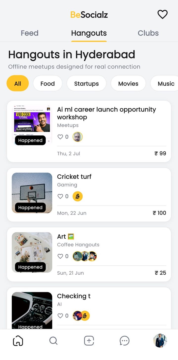 BeSocialz Hangouts screen listing offline meetups with categories, dates and prices